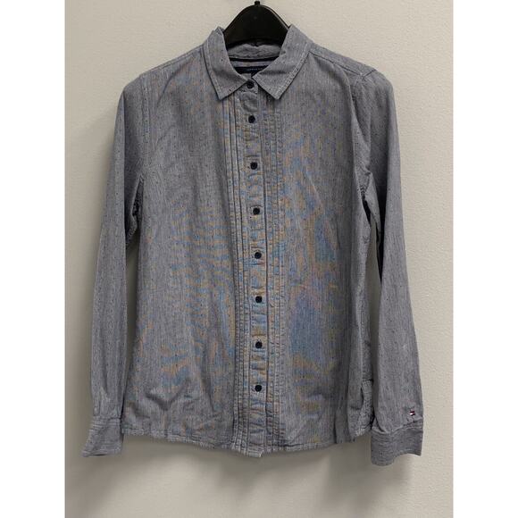 Tommy‎ Hilfiger Shirt Womens Medium pintuck Button Up Long Sleeve Blue Cotton - Picture 1 of 4